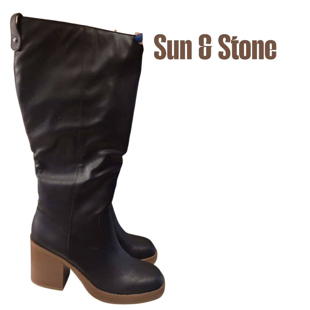Sale❗NEW Sun + Stone Womens Aiimee Faux Leather Side Zip Knee-High Boots Shoes 8 - Picture 3 of 15